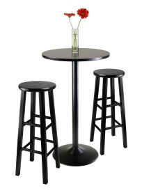 3pc Round Black Pub Table with two 29" Wood Stool Square Legs