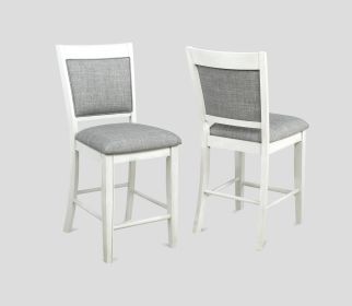 Farmhouse Style 2pc White & Gray Linen Counter Height Chair Bar Stool Footrest Wooden Furniture